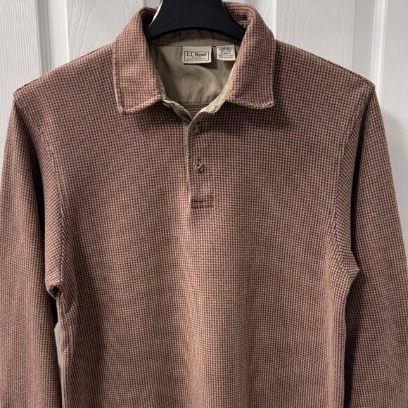 Vintage L.L Bean Herringbone Long Sleeve Rugby Polo Shirt Tan Size Medium Reg - Picture 2 of 7